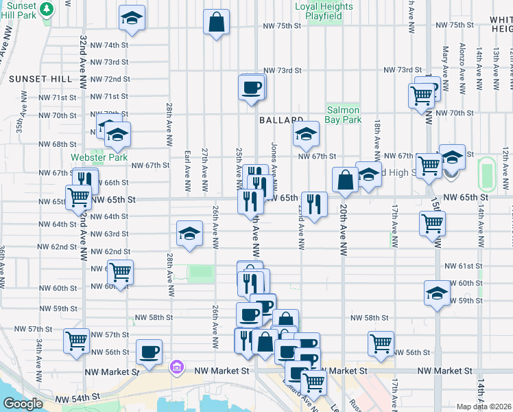 map of restaurants, bars, coffee shops, grocery stores, and more near in Seattle