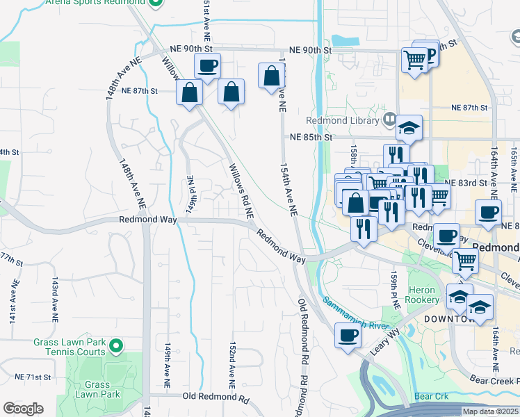 map of restaurants, bars, coffee shops, grocery stores, and more near 7950 Willows Road in Redmond