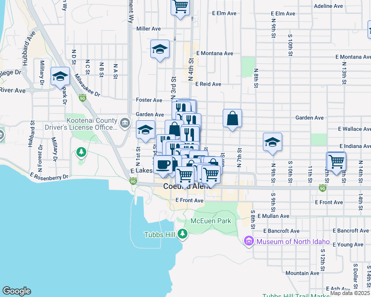 map of restaurants, bars, coffee shops, grocery stores, and more near 400 North 4th Street in Coeur d'Alene