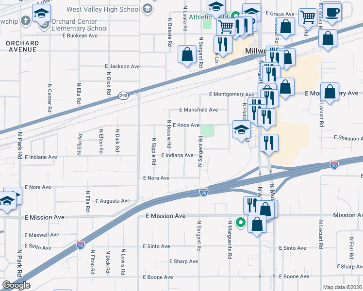 map of restaurants, bars, coffee shops, grocery stores, and more near 2105 North Laura Road in Spokane Valley
