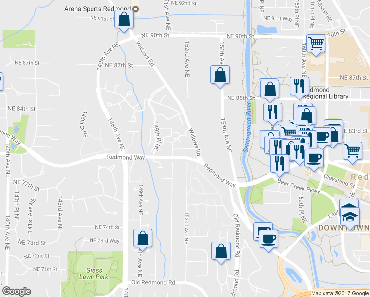 map of restaurants, bars, coffee shops, grocery stores, and more near 15200 Northeast 81st Way in Redmond