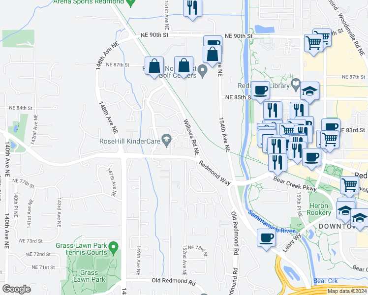 map of restaurants, bars, coffee shops, grocery stores, and more near 15212 Northeast 81st Way in Redmond