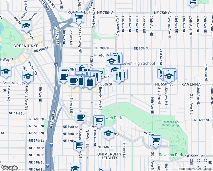 map of restaurants, bars, coffee shops, grocery stores, and more near 1402 Northeast 65th Street in Seattle