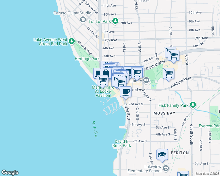 map of restaurants, bars, coffee shops, grocery stores, and more near 52 Lakeshore Plaza Drive in Kirkland