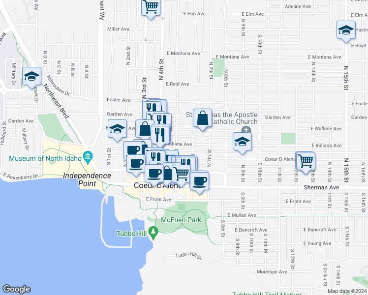 map of restaurants, bars, coffee shops, grocery stores, and more near 514 East Indiana Avenue in Coeur d'Alene