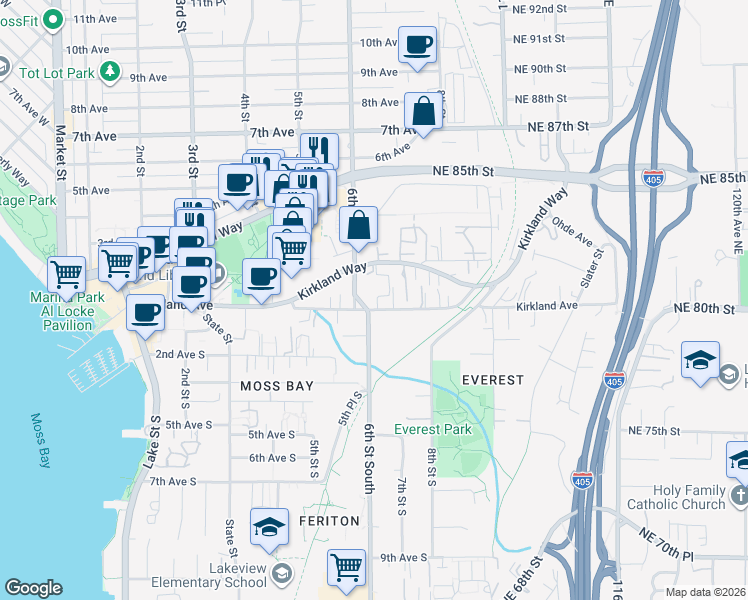map of restaurants, bars, coffee shops, grocery stores, and more near 602 Kirkland Avenue in Kirkland