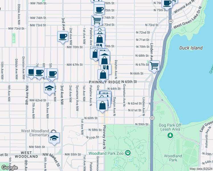 map of restaurants, bars, coffee shops, grocery stores, and more near 6408 Phinney Avenue North in Seattle