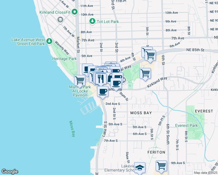 map of restaurants, bars, coffee shops, grocery stores, and more near 11 Main Street in Kirkland