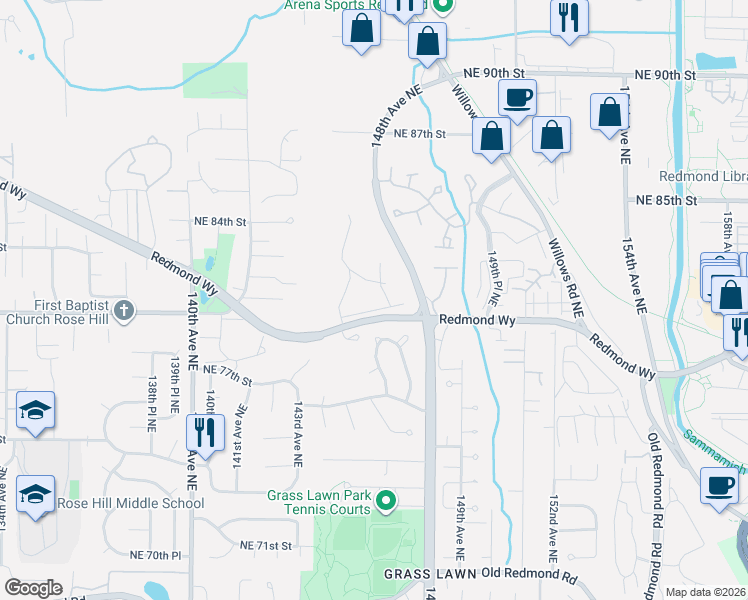 map of restaurants, bars, coffee shops, grocery stores, and more near 8104 146th Court Northeast in Redmond