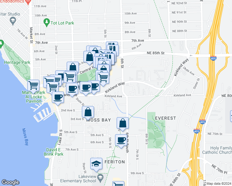 map of restaurants, bars, coffee shops, grocery stores, and more near in Kirkland