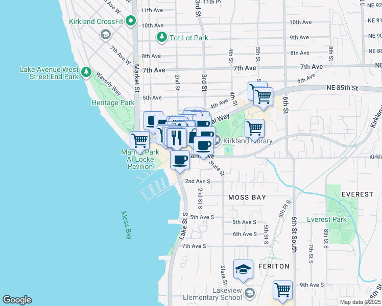 map of restaurants, bars, coffee shops, grocery stores, and more near 117 Main Street in Kirkland
