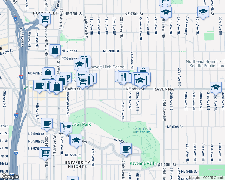 map of restaurants, bars, coffee shops, grocery stores, and more near 1800 Northeast 65th Street in Seattle
