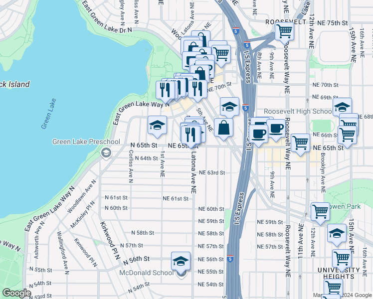 map of restaurants, bars, coffee shops, grocery stores, and more near 222 Northeast 65th Street in Seattle