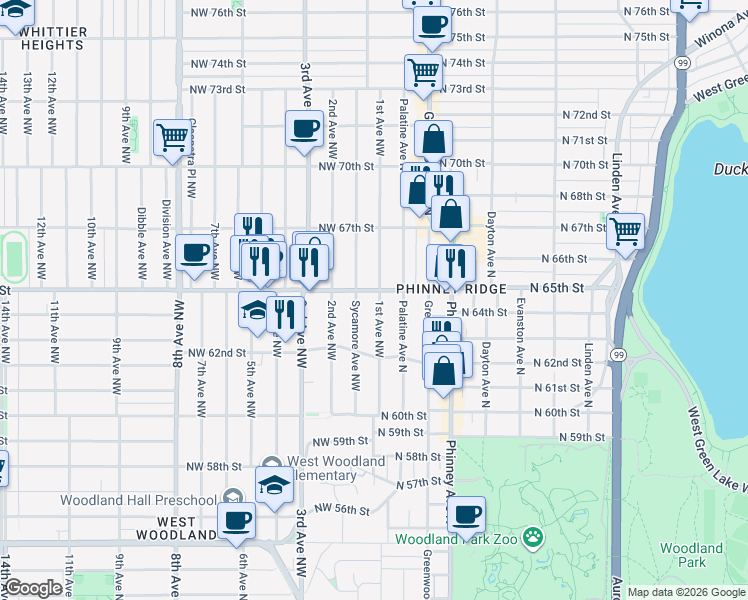 map of restaurants, bars, coffee shops, grocery stores, and more near in Seattle