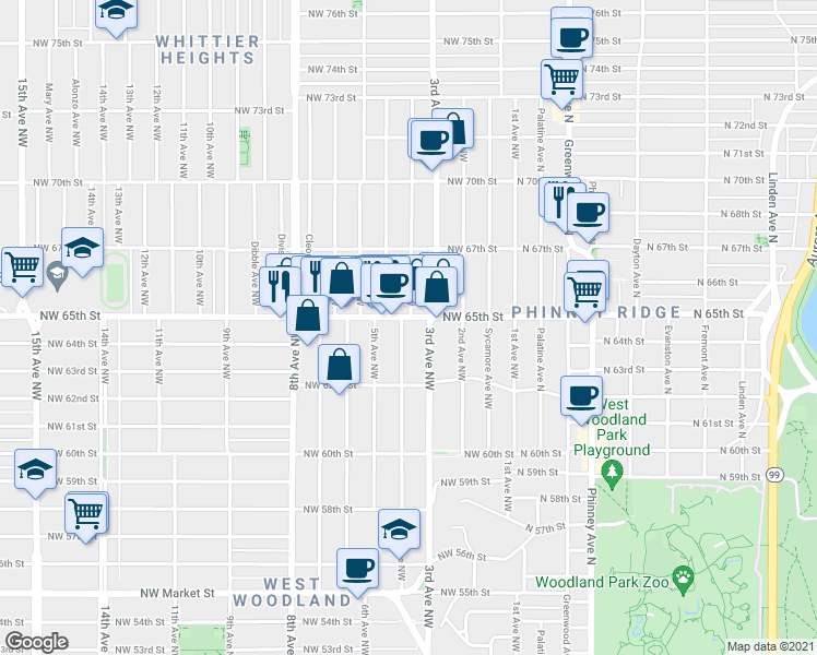 map of restaurants, bars, coffee shops, grocery stores, and more near 305 Northwest 65th Street in Seattle