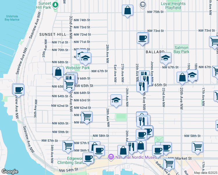 map of restaurants, bars, coffee shops, grocery stores, and more near 2764 Northwest 65th Street in Seattle