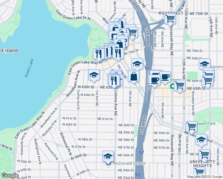 map of restaurants, bars, coffee shops, grocery stores, and more near 222 Northeast 65th Street in Seattle