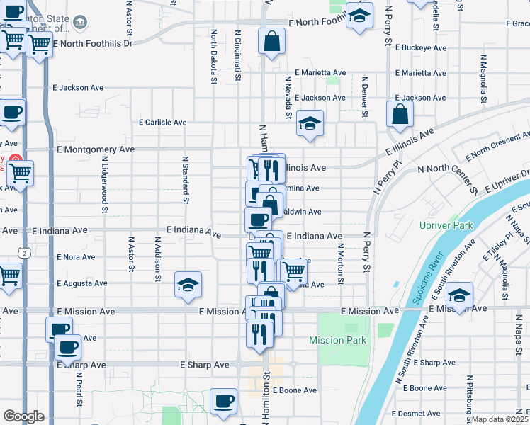 map of restaurants, bars, coffee shops, grocery stores, and more near N Hamilton St & E Baldwin Ave in Spokane