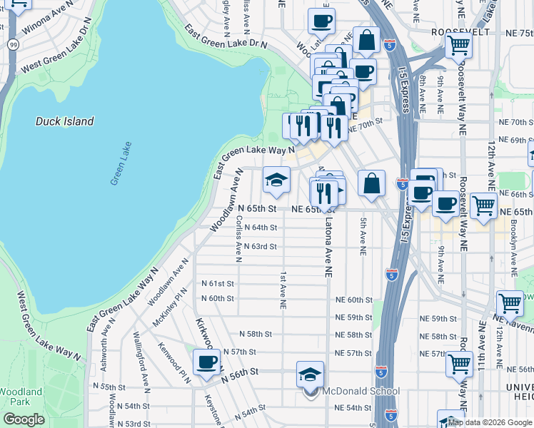 map of restaurants, bars, coffee shops, grocery stores, and more near 649 Sunnyside Avenue North in Seattle