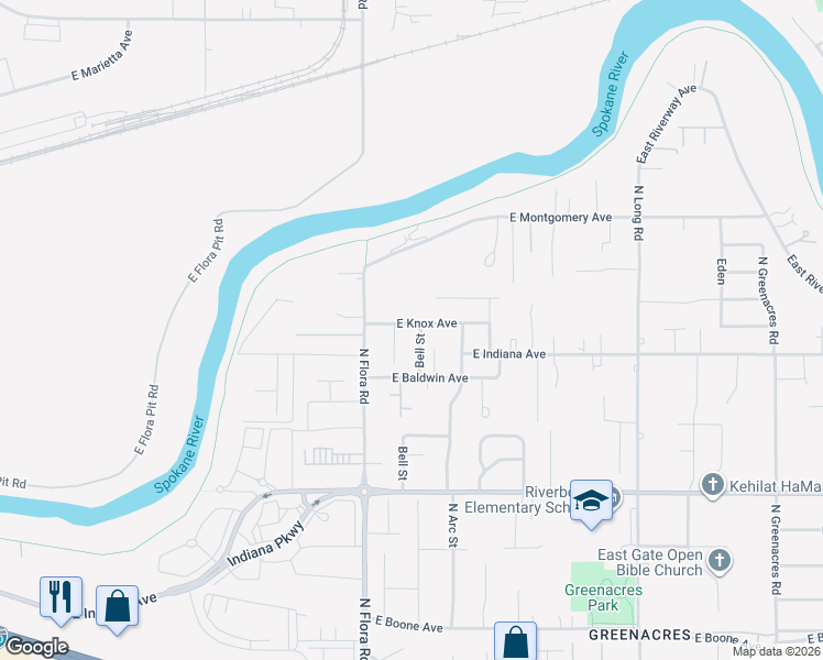 map of restaurants, bars, coffee shops, grocery stores, and more near 17119 East Knox Avenue in Spokane Valley