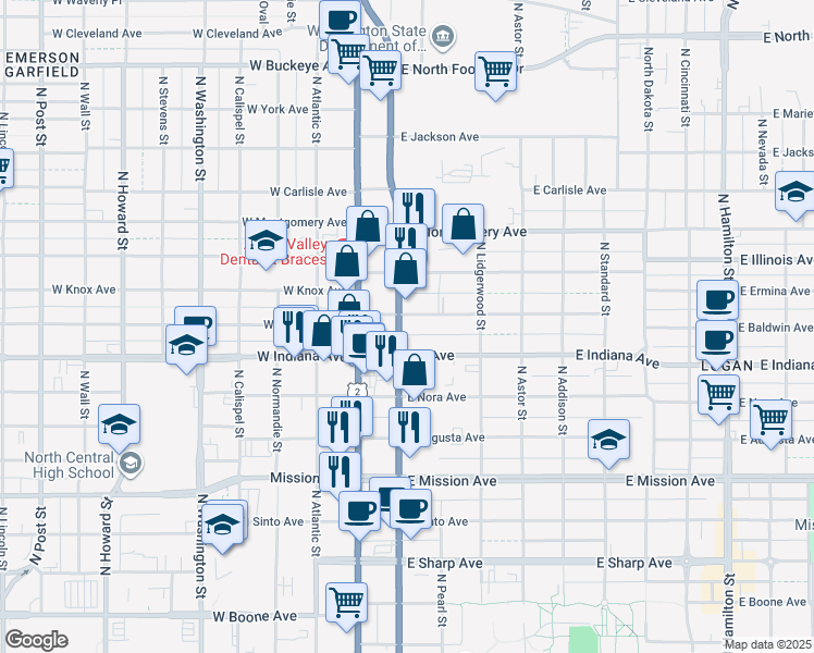 map of restaurants, bars, coffee shops, grocery stores, and more near 102 E Baldwin Ave in Spokane