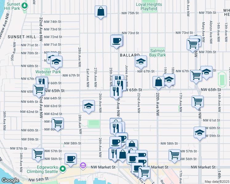 map of restaurants, bars, coffee shops, grocery stores, and more near 2405 Northwest 65th Street in Seattle