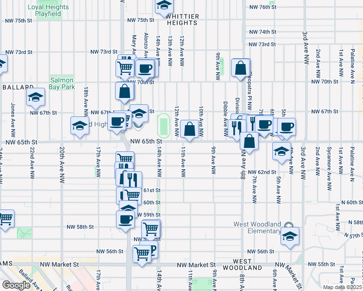 map of restaurants, bars, coffee shops, grocery stores, and more near 1101 Northwest 65th Street in Seattle