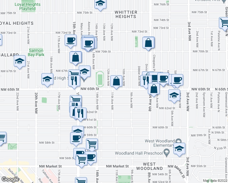 map of restaurants, bars, coffee shops, grocery stores, and more near 1101 Northwest 65th Street in Seattle