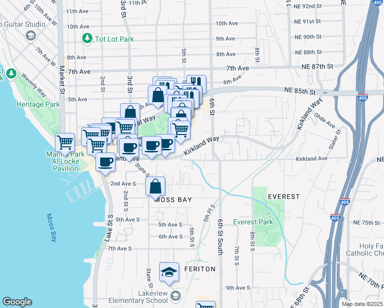 map of restaurants, bars, coffee shops, grocery stores, and more near 523 Kirkland Way in Kirkland
