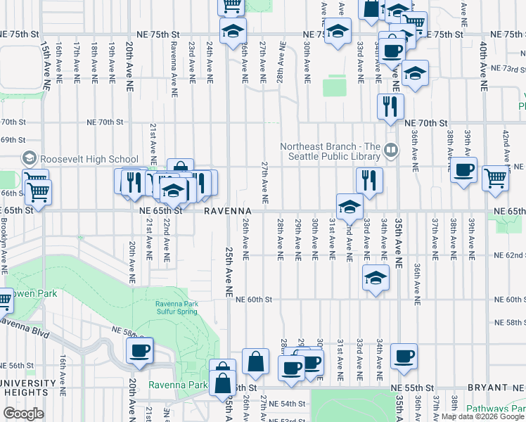 map of restaurants, bars, coffee shops, grocery stores, and more near Northeast 65th Street & 27th Avenue Northeast in Seattle