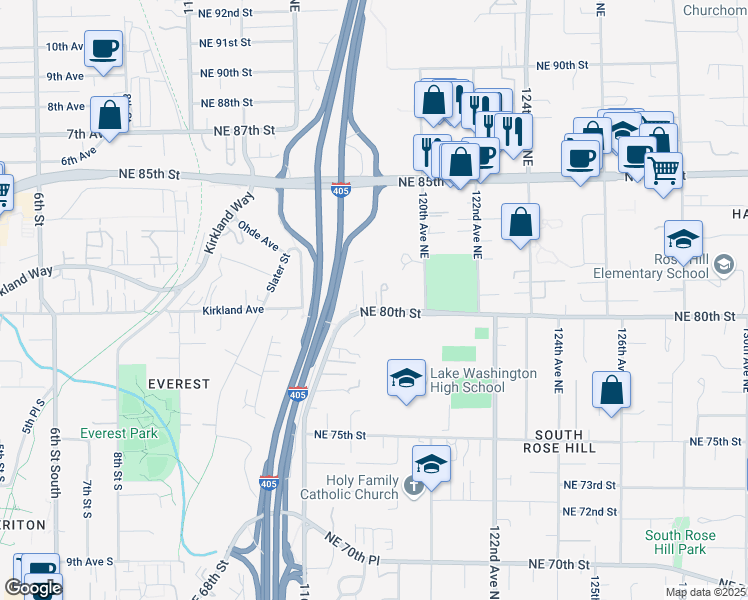 map of restaurants, bars, coffee shops, grocery stores, and more near 11816 Northeast 80th Street in Kirkland