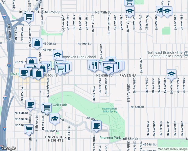 map of restaurants, bars, coffee shops, grocery stores, and more near NE 65th St & 20th Ave NE in Seattle