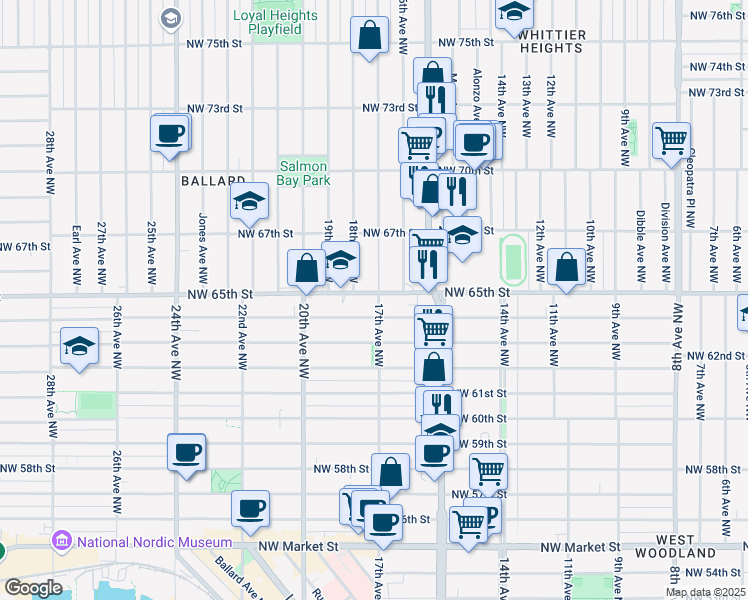 map of restaurants, bars, coffee shops, grocery stores, and more near 6423 17th Avenue Northwest in Seattle