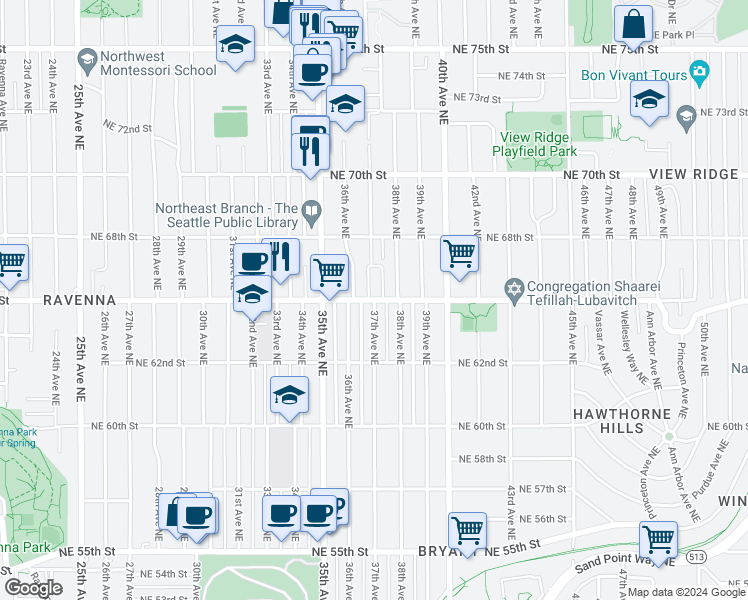 map of restaurants, bars, coffee shops, grocery stores, and more near NE 65th St in Seattle