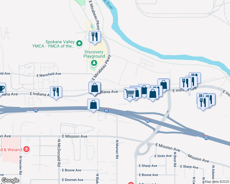 map of restaurants, bars, coffee shops, grocery stores, and more near in Spokane Valley