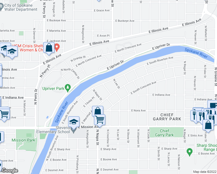 map of restaurants, bars, coffee shops, grocery stores, and more near 2018 East South Riverton Avenue in Spokane