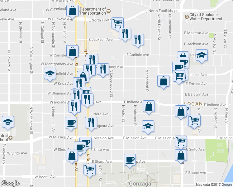 map of restaurants, bars, coffee shops, grocery stores, and more near 330 East Baldwin Avenue in Spokane