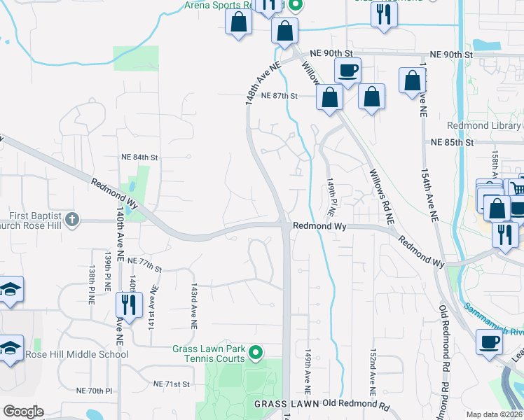 map of restaurants, bars, coffee shops, grocery stores, and more near 8104 146th Court Northeast in Redmond
