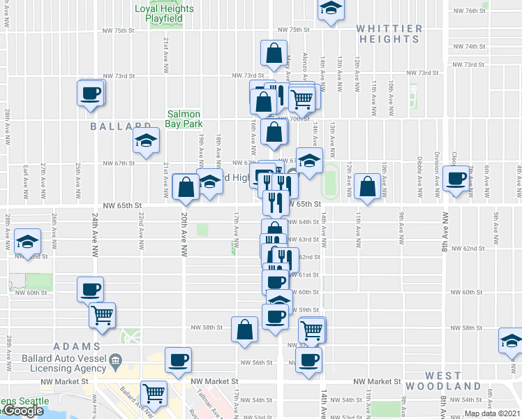 map of restaurants, bars, coffee shops, grocery stores, and more near 1533 Northwest 65th Street in Seattle