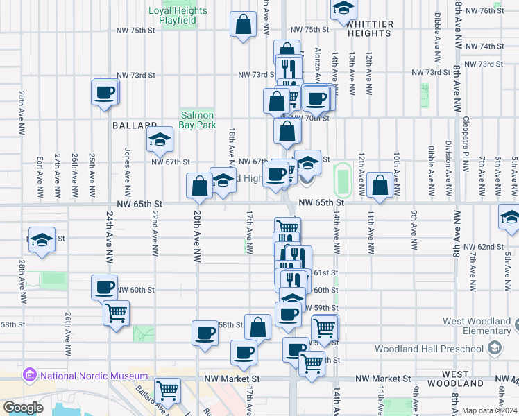 map of restaurants, bars, coffee shops, grocery stores, and more near 6507 17th Avenue Northwest in Seattle