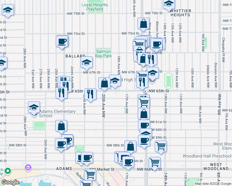 map of restaurants, bars, coffee shops, grocery stores, and more near 1815 Northwest 65th Street in Seattle