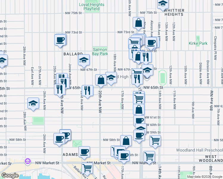 map of restaurants, bars, coffee shops, grocery stores, and more near 1815 Northwest 65th Street in Seattle
