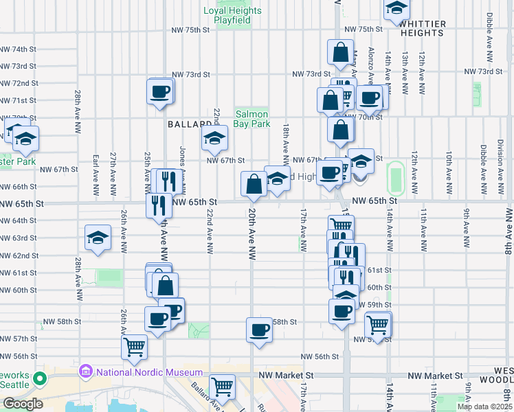 map of restaurants, bars, coffee shops, grocery stores, and more near in Seattle