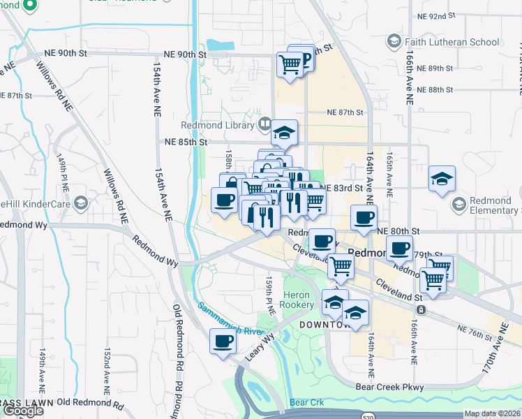 map of restaurants, bars, coffee shops, grocery stores, and more near 15830 Redmond Way in Redmond