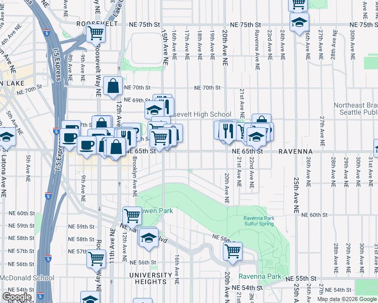 map of restaurants, bars, coffee shops, grocery stores, and more near NE 65th St & 17th Ave NE in Seattle