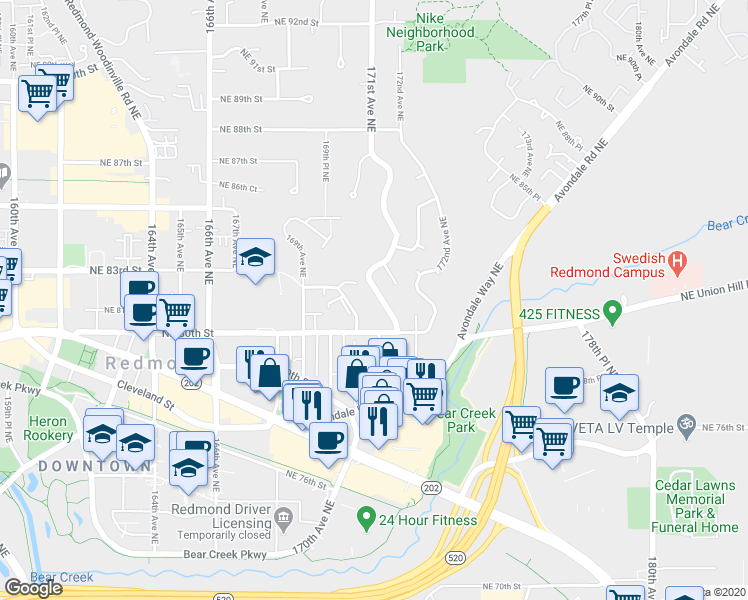 map of restaurants, bars, coffee shops, grocery stores, and more near 8075 171st Avenue Northeast in Redmond
