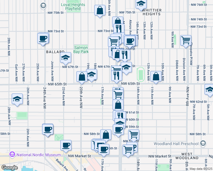 map of restaurants, bars, coffee shops, grocery stores, and more near 6507 17th Avenue Northwest in Seattle