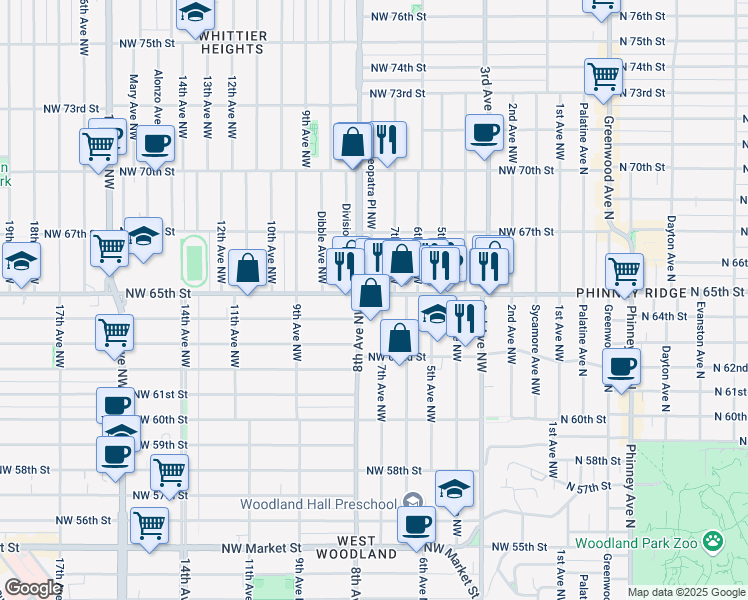 map of restaurants, bars, coffee shops, grocery stores, and more near 6499 7th Avenue Northwest in Seattle