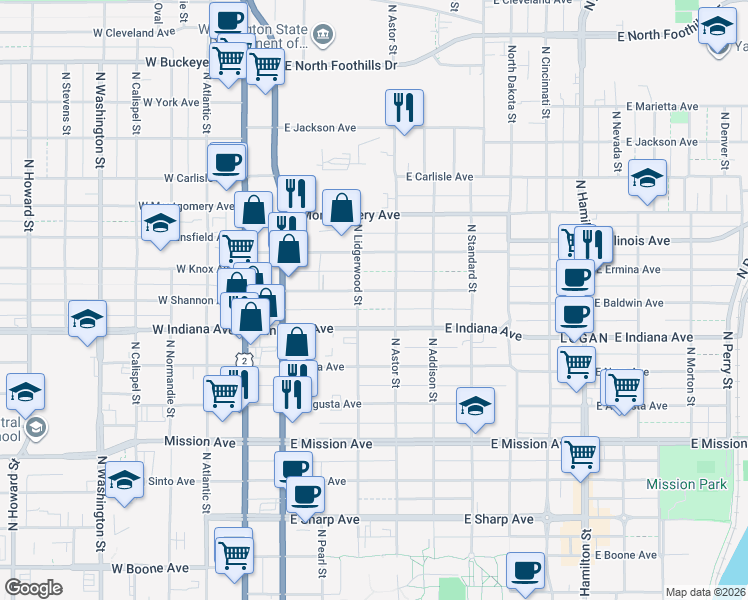map of restaurants, bars, coffee shops, grocery stores, and more near 330 East Baldwin Avenue in Spokane