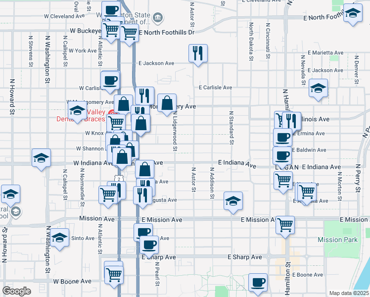 map of restaurants, bars, coffee shops, grocery stores, and more near 330 East Baldwin Avenue in Spokane